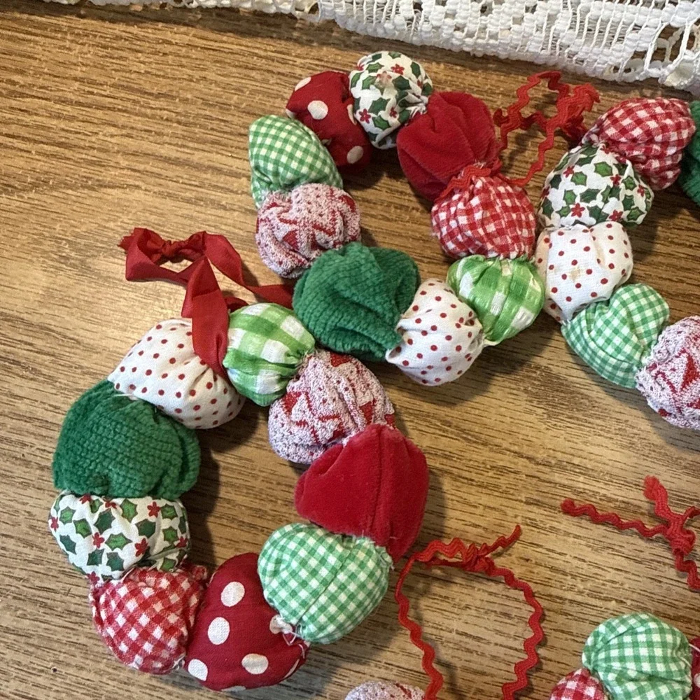 6 Vintage handmade fabric puff wreath Christmas Ornaments